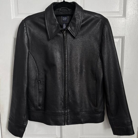 Gap Leather Jacket Black 90s Short Zip Collar Short Vintage Vintage Medium M - Picture 1 of 8